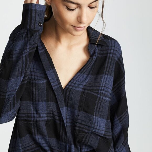 Vince Heathered Plaid Pullover Black Blue Shirt - Picture 4 of 9